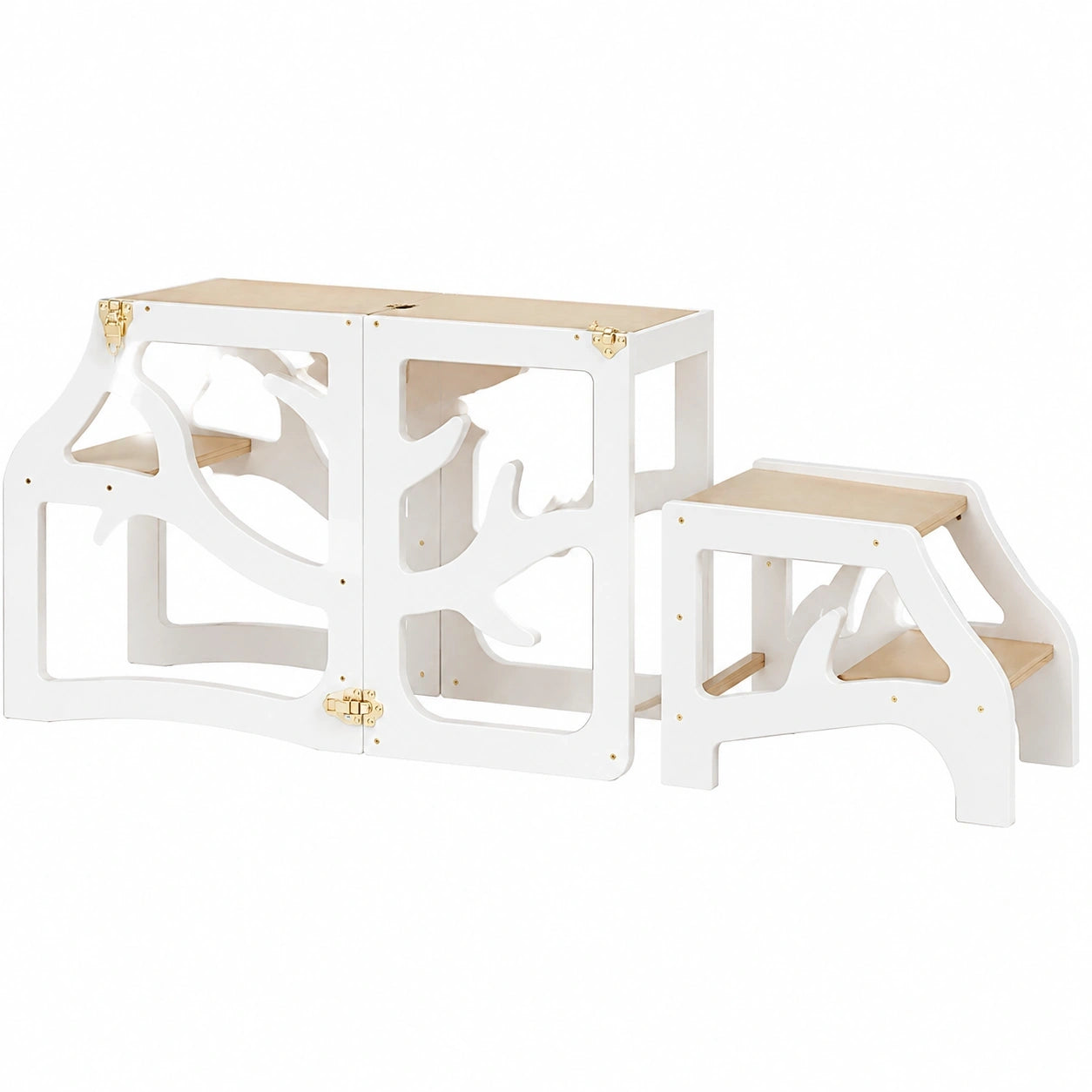 Weco 3-in-1 Montessori Lernturm aus Birkenholz, Faltbarer Kinderturm mit Tisch und Tritthocker, Sicher und Höhenverstellbar, 88 cm, Weiß