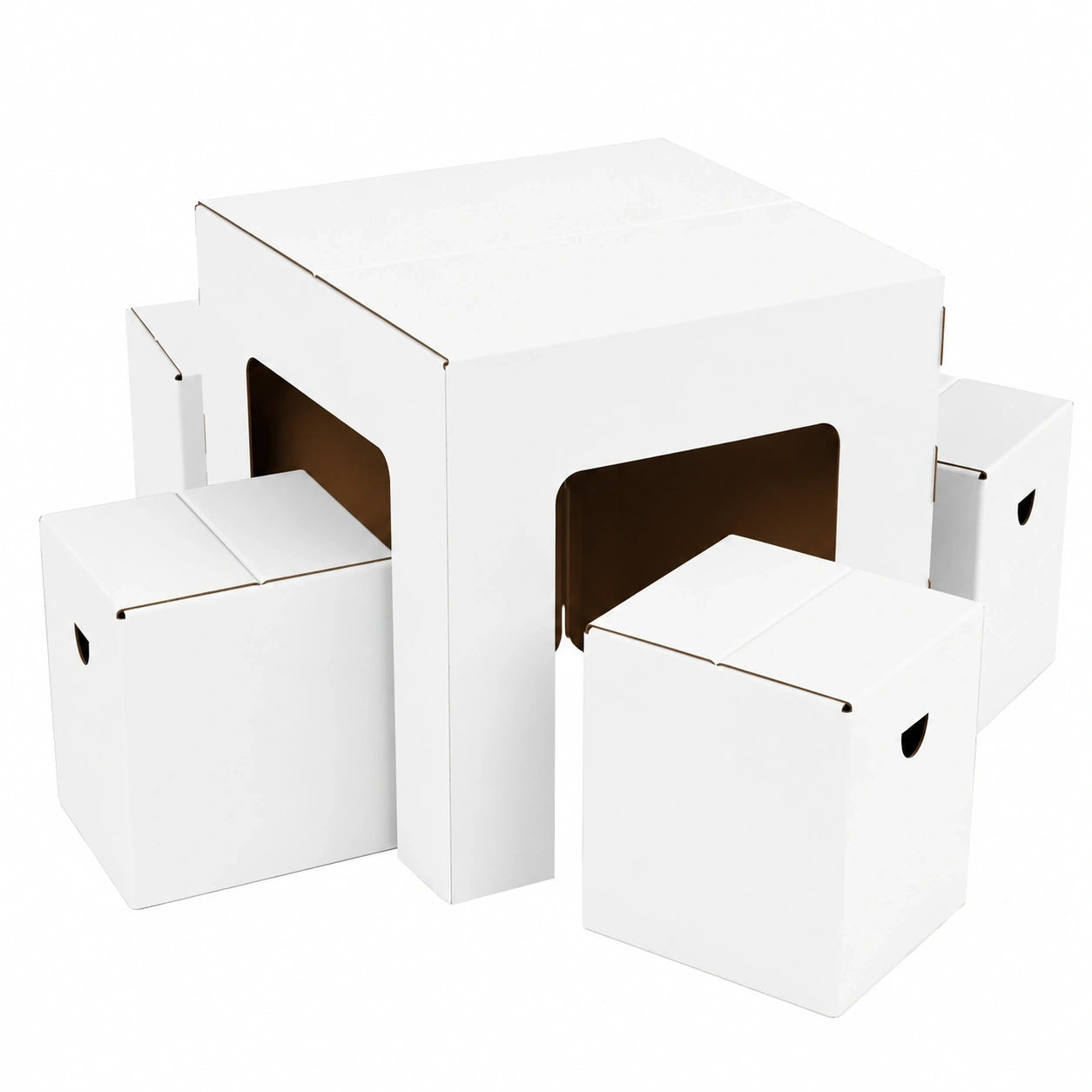 Kinder-Sitzgruppe Pappe 60x60x55 cm, faltbarer Tisch mit Stühlen, Möbel-Set 1 Tisch 4 Hocker - Weiß zum Gestalten