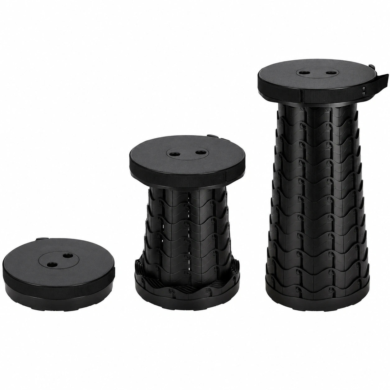 Sonnewelt Höhenverstellbarer Klapphocker, Leichter Teleskophocker bis 180 kg, Tragbarer Falthocker 6-44 cm, Ausziehbarer Campinghocker für Camping, Garten, Angeln, Wandern