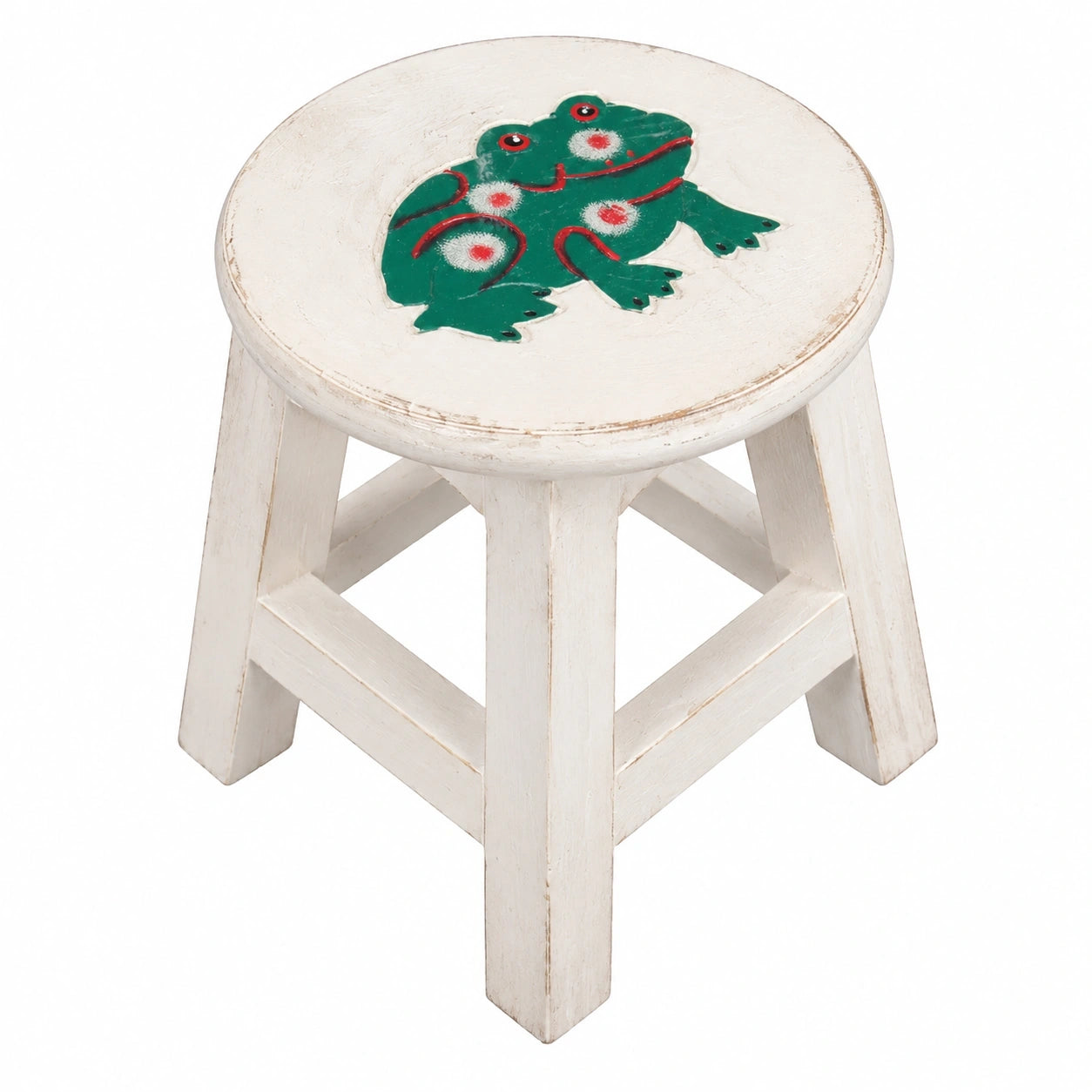 Kinder-Holzhocker mit Frosch-Motiv in Weiß und Grün