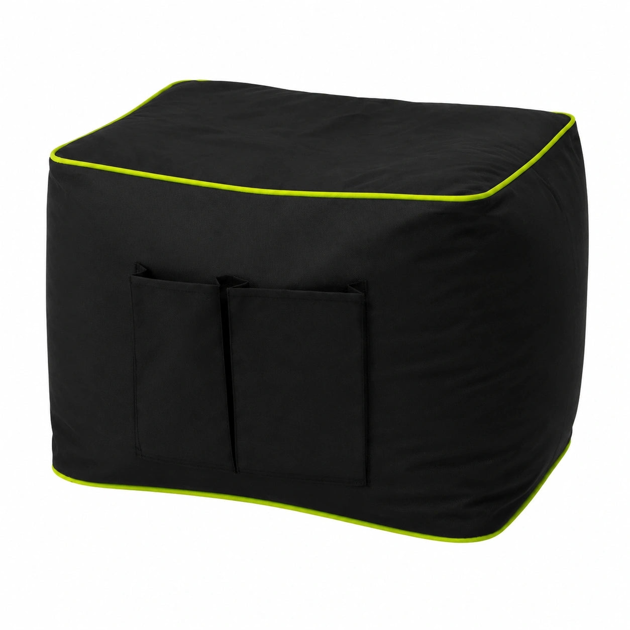 BuBiBag Rechteckiger Sitzsack Hocker - Vielseitiger Gaming Sitzwürfel mit Seitentaschen, Indoor & Outdoor geeignet, Schwarz mit Neongelb Akzenten