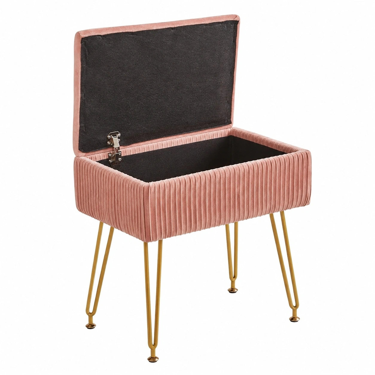Moderner Samt-Schminkhocker mit Stauraum, goldenem Gestell, kompakt und vielseitig für Schlafzimmer und Büro, Rosa