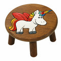Kinderhocker aus massivem Holz mit Einhornmotiv - Handgemachter Bunter Stuhl