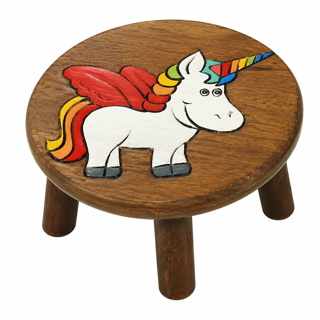 Kinderhocker aus massivem Holz mit Einhornmotiv - Handgemachter Bunter Stuhl