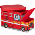 Kinder Sitzbox Feuerwehrauto, Faltbare Staubox mit Deckel, 50L Spielzeug Aufbewahrung, Rot, ca. 33x27x56cm