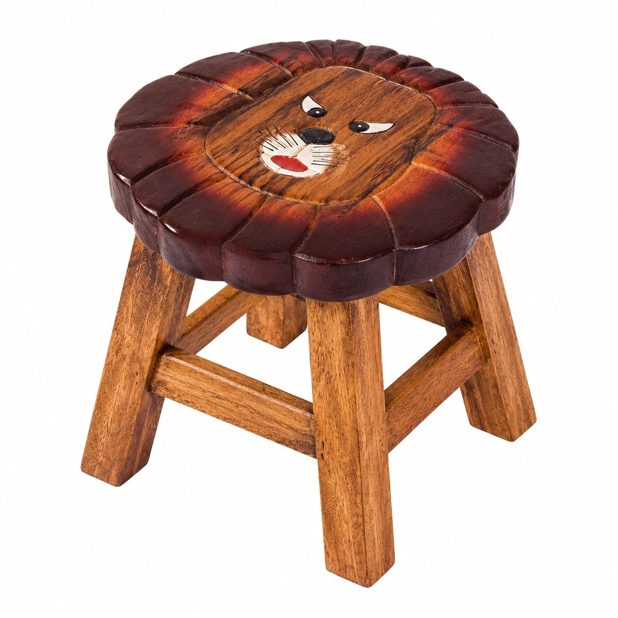 Massiver Holz-Kinderhocker mit Löwenmotiv, 25 cm Sitzhöhe