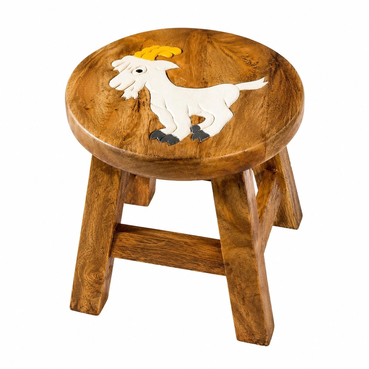 Massiver Kinderhocker aus Holz mit Ziegenmotiv, Höhe 25 cm